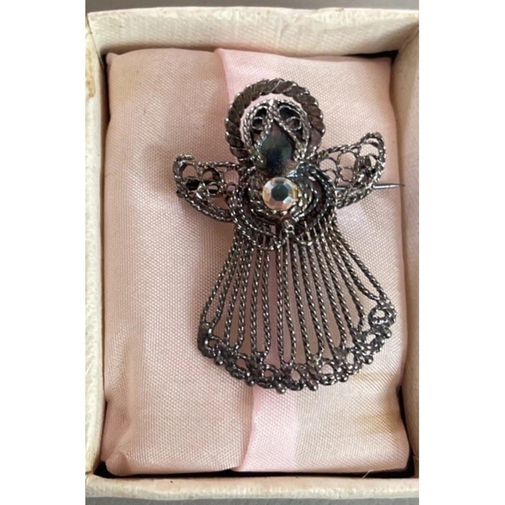 Vintage Rhinestone Wired Unmarked Sterling Angel Brooch In Box